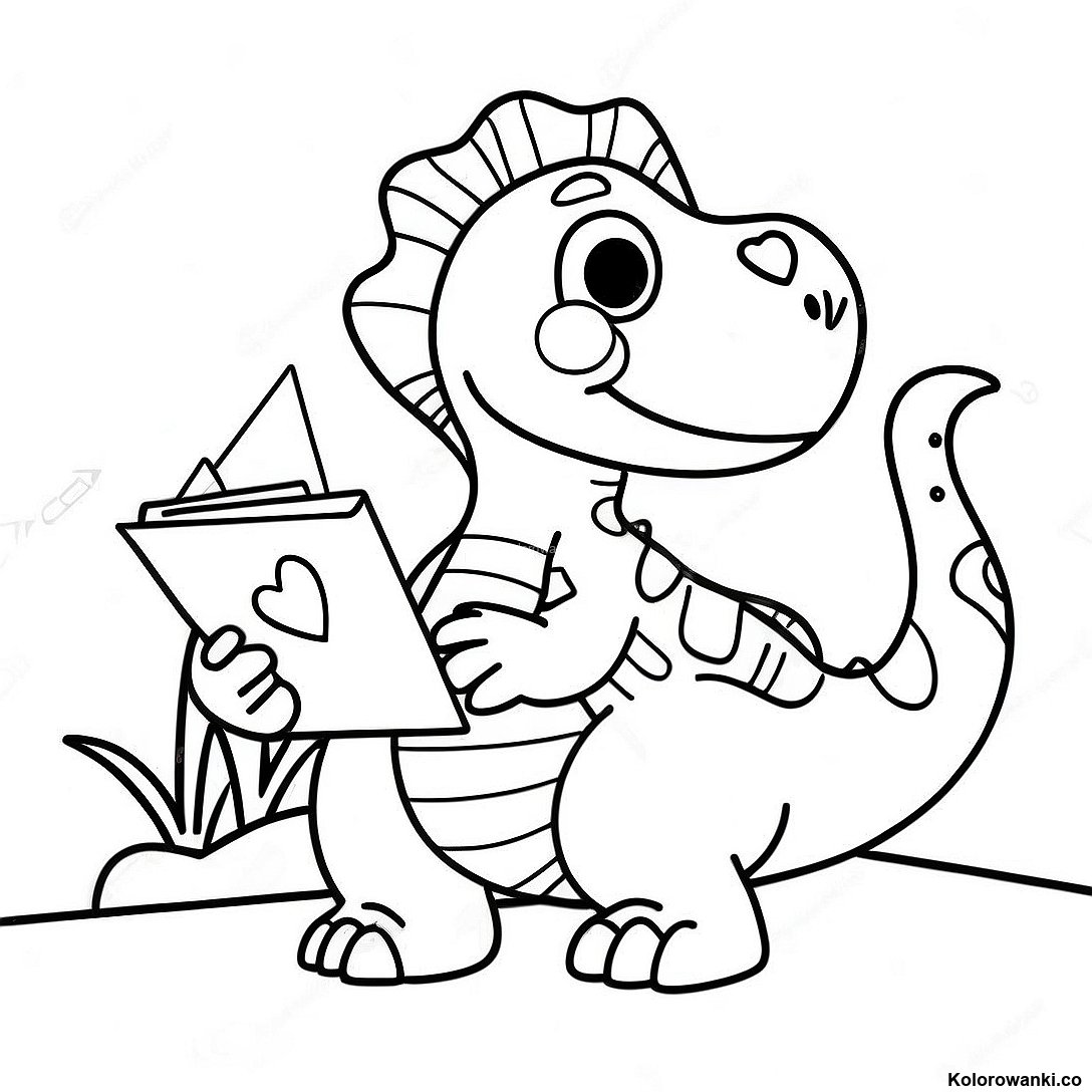 Darmowa do druku Zabawny Dinozaur Z Listem Miłosnym - Kolorowanka kolorowanka z kolekcji Dinozaury — czarno-biały szkic do pokolorowania dla dzieci i dorosłych.